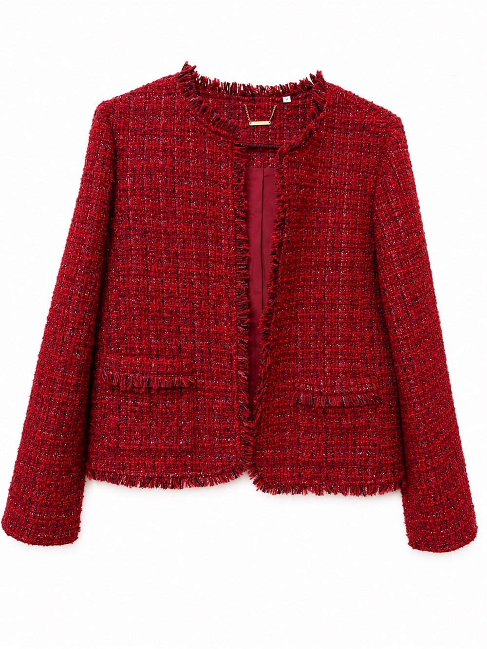Chico’s Red Tweed Metallic Fringe Jacket Size 8